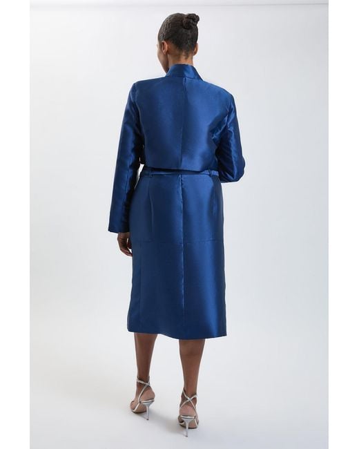 Karen Millen Blue Plus Size Forever Satin Twill Belted Tailored Midi Skirt