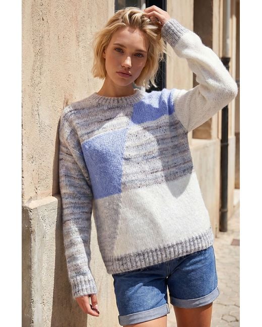 Roman Blue Textured Colour Block Knit Jumper