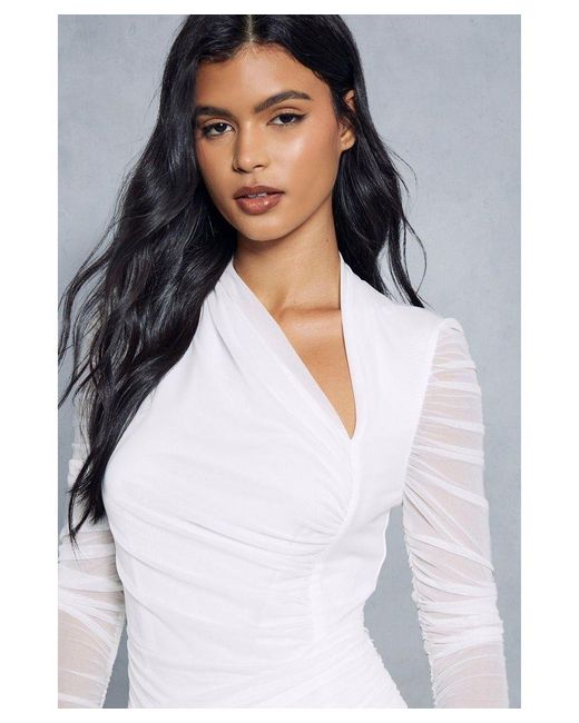 MissPap White Mesh Ruched Wrap Long Sleeve Dress