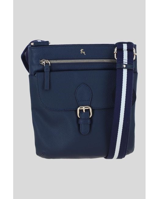 Ashwood Leather Blue Flat Crossbody Bag With Contrast Strap
