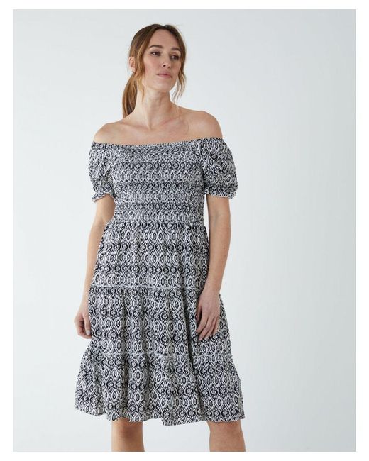 Blue Vanilla Blue Puff Sleeve Bardot Shirred Dress