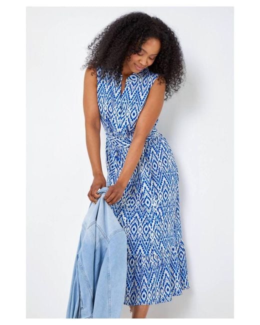 Roman Petite Blue Aztec Print Frill Shirt Dress