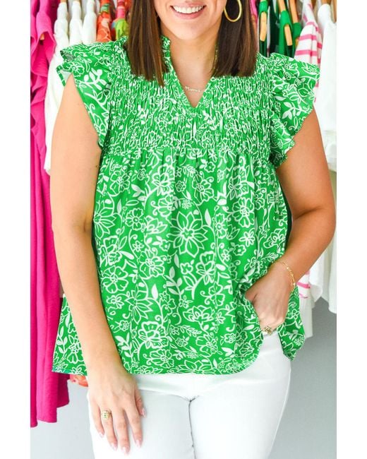 Azura Exchange Green Grüne Florale Bluse Mit Schimmernden Ärmeln, Raffung Und V-Ausschnitt