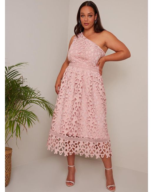 Chi Chi London Pink Plus Size One Shoulder Premium Lace Midi Dress