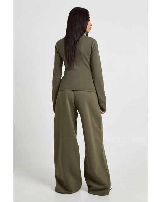 Boohoo Green Tall Rib Button Through Long Sleeve Top Tracksuit
