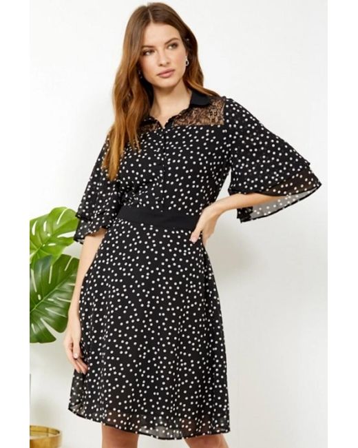 Sosandar Black Polka Dot Lace Detail Shirt Dress