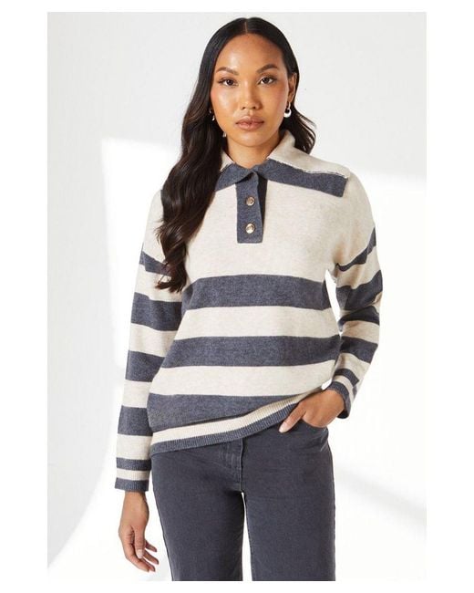 DEBENHAMS White Open Collar Detail Stripe Sweater