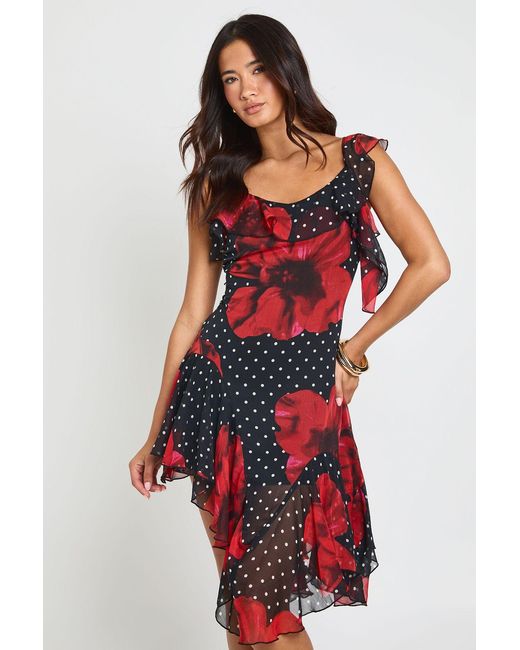 Boohoo Red Chiffon Floral Ruffle Detail Asymmetric Midi Dress