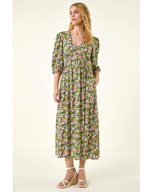 Roman Metallic Floral Print V-Neck Midi Dress
