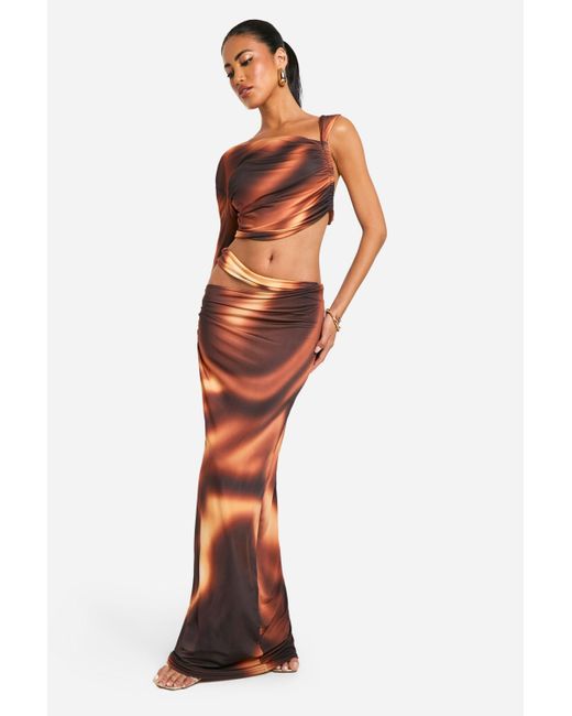 Boohoo Brown Printed Slinky Cut Out Detail Maxi Skirt