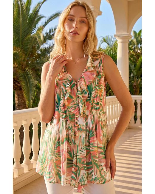 Roman White Leaf Print Frill Pintuck Detail Top