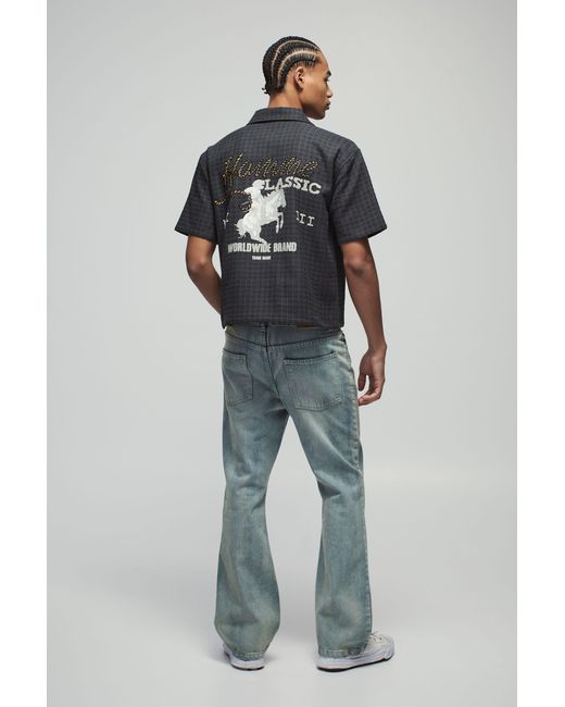 BoohooMAN Gray Oversized Boxy Embroidered Western Collared Shirt for men