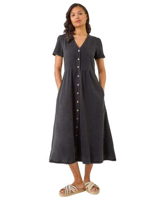 Roman Black Denim Button Through Midi Dress