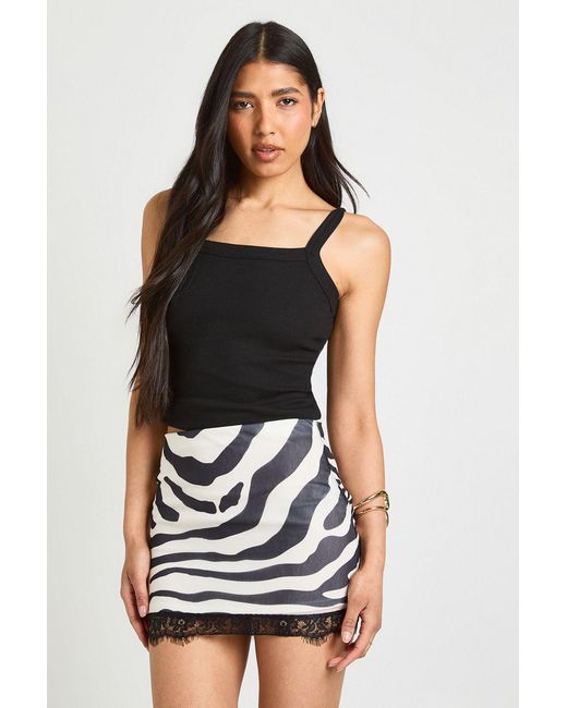 Boohoo Black Tall Zebra Print Mesh Low Rise Lace Trim Mini Skirt