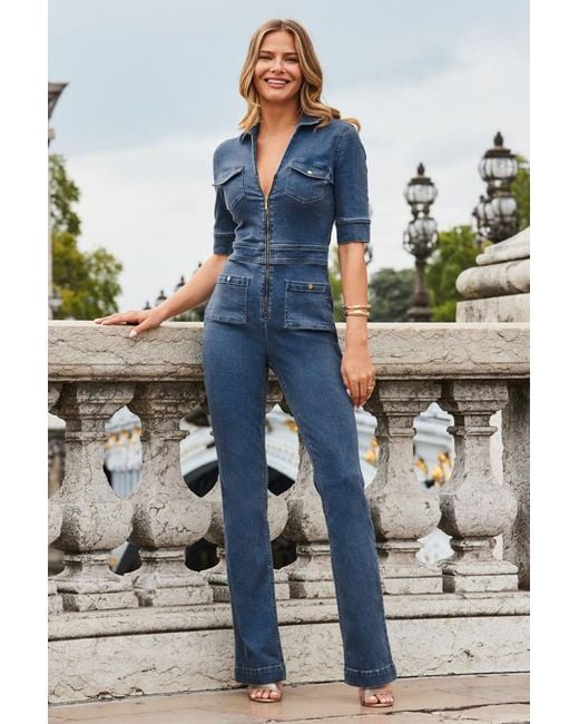 Sosandar Blue Petite Mid Zip Front Bootcut Denim Jumpsuit
