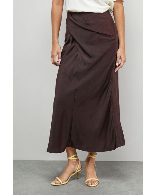 Warehouse Brown Crushed Satin Drape Front Bias Midi Skirt