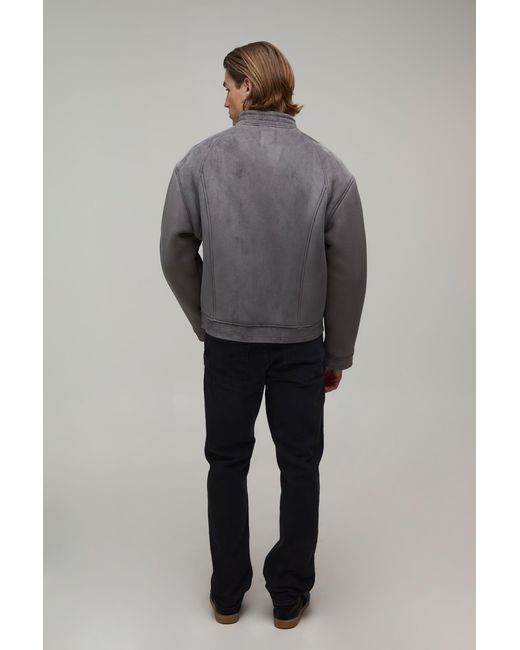 BoohooMAN Gray Regular Fit Faux Suede Buckle Collar Biker Jacket for men