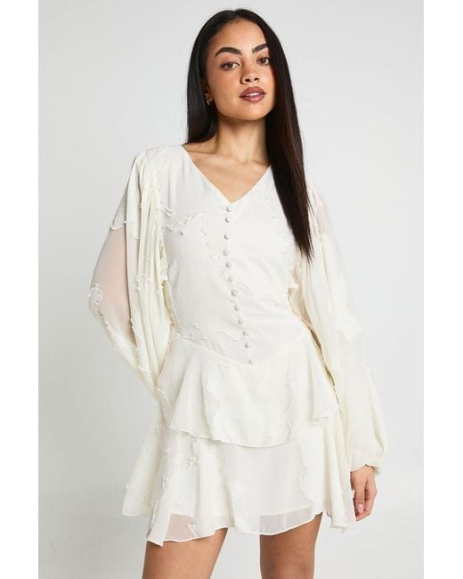 Boohoo White Floral Burnout Volume Sleeve Ruffle Hem Mini Dress
