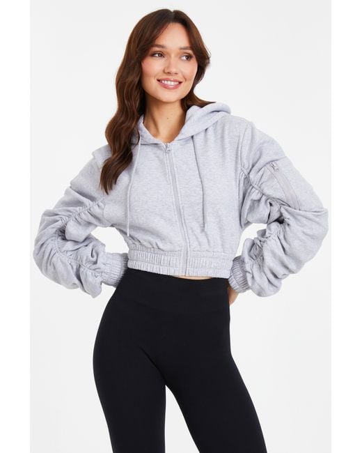 Quiz White Ruched Sleeve Cropped Hoodie