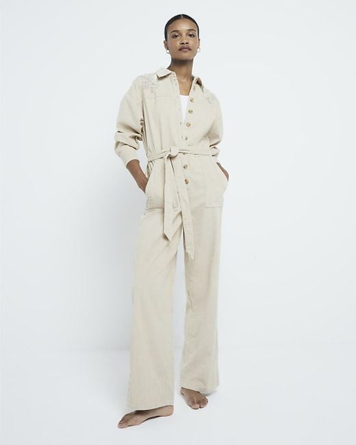 River Island White Jumpsuit Corduroy Cutwork Cotton