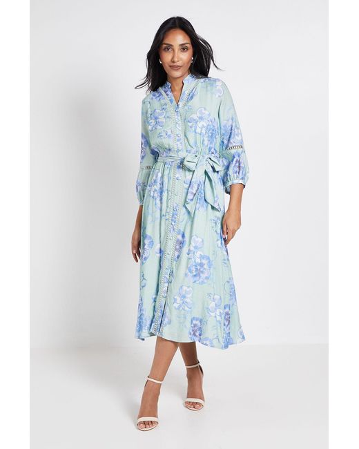 Wallis Blue Petite Floral Lace Insert Collarless Shirt Dress