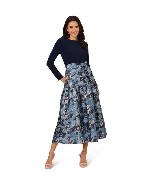 Adrianna Papell Blue Jersey Jacquard Ankle Dress