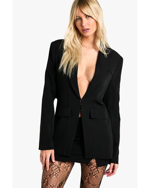 Boohoo Black Seam Detail Plunge Front Fitted Blazer