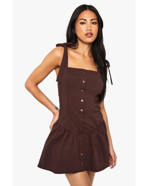 Boohoo Brown Button Through Dropped Waist Mini Dress