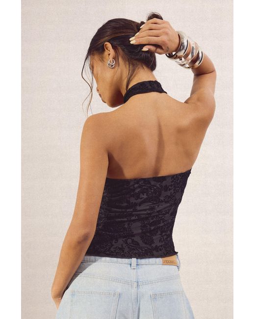 Boohoo Black Keyhole Devore Trim Halterneck Top