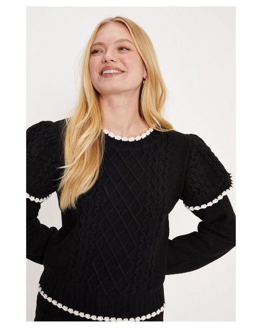 Oasis Black Tipped Frill Detail Cable Stitch Jumper