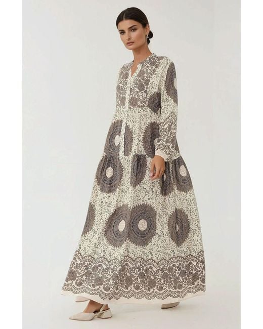 Hiccup Natural Printed Long Sleeve Viscose Maxi Dress