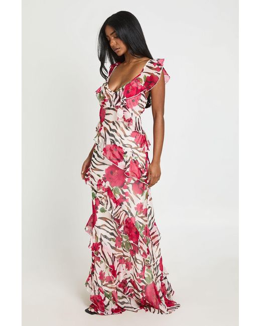 Boohoo Red Chiffon Ruffle Floral Zebra Polka Dot Maxi Dress
