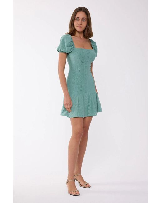 Hiccup Blue Short Sleeve Square Neck Mini Dress With Balloon Sleeves