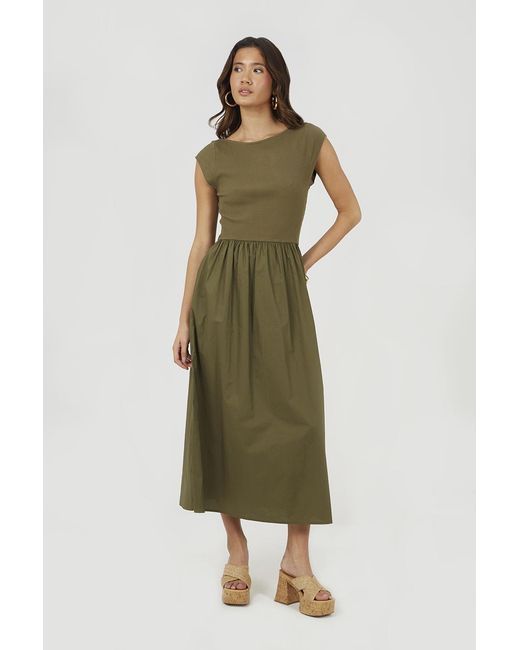 Brave Soul Green Boat Neck Jersey And Poplin Mix Midi Dress