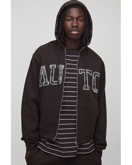 BoohooMAN Black Chocolate Flannel Applique Zip Through Hoodie for men