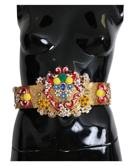 Dolce & Gabbana Black Embellished Floral Crystal Wide Waist Carretto Belt Nylon