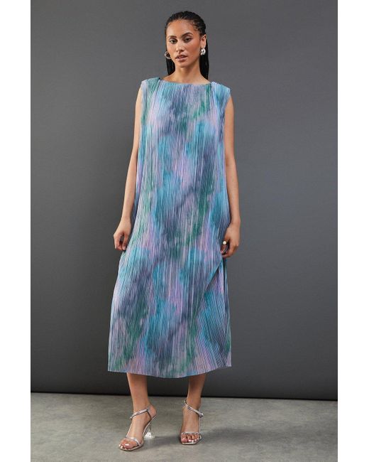 Warehouse Blue Printed Tie Dye Plisse Shoulder Pad Sleeveless Midi Dress
