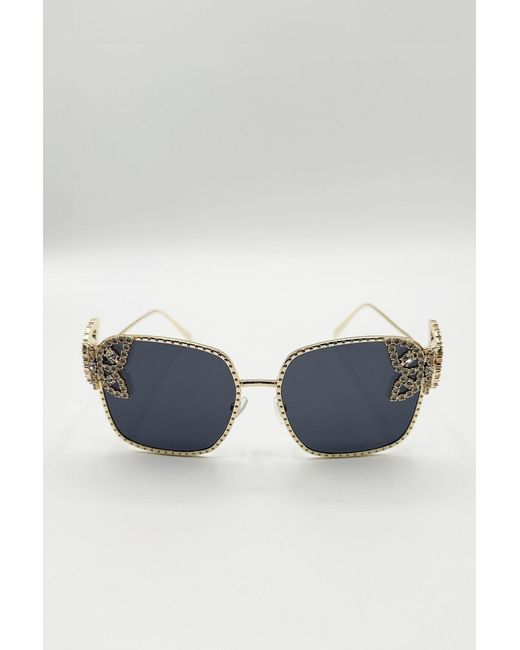 SVNX Natural Square Oversized Diamante Detail Sunglasses