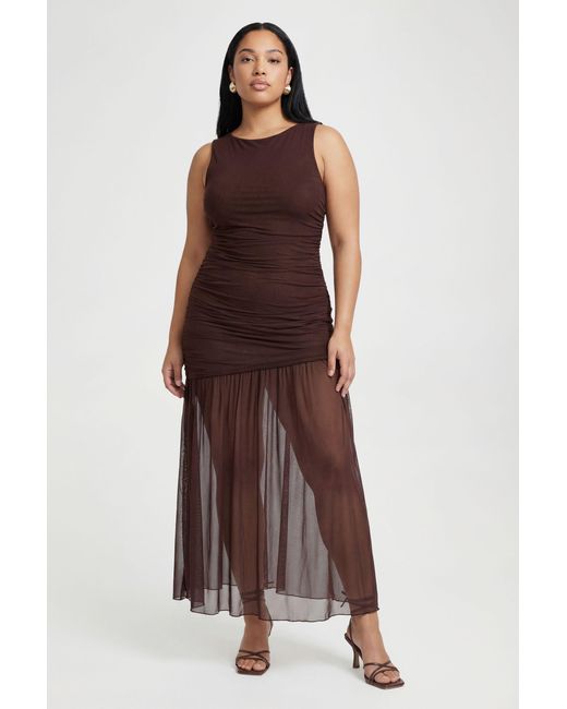 Boohoo Brown Plus Ruched Waist Sheer Skirt Maxi Dress