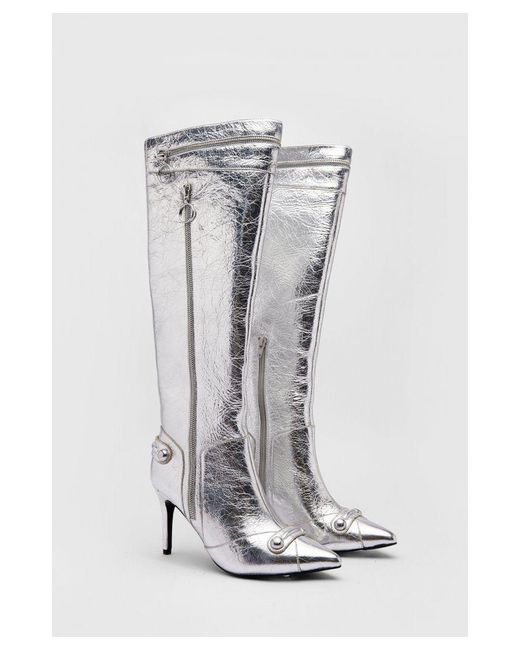 Warehouse White Leather Metallic Zip & Stud Pointed Toe Knee High Boots