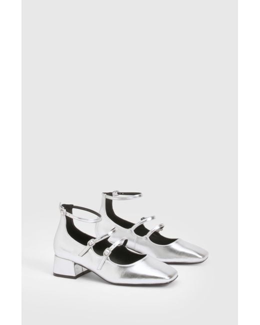 Boohoo White Square Toe Triple Strap Mary Jane Shoes