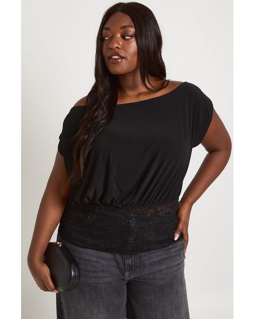Boohoo Black Plus Off The Shoulder Blouson Lace Panel Top