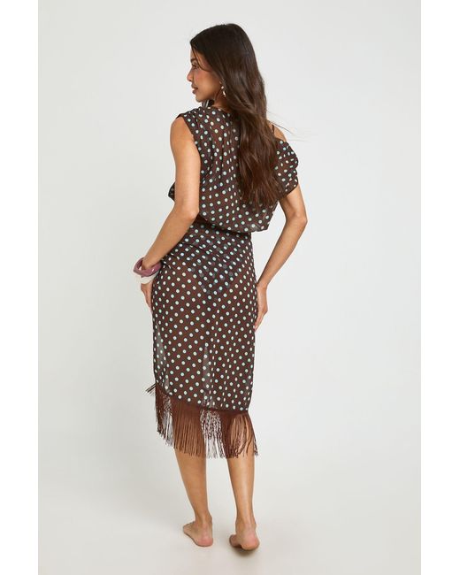 Boohoo Brown Polka Dot Asym Top And Fringe Sarong Co-Ord