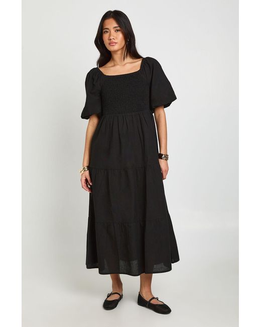 Boohoo Black Linen Look Volume Sleeve Tiered Midaxi Dress