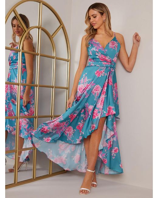 Chi Chi London Blue Petite Cami Floral Wrap Dip Hem Midi Dress