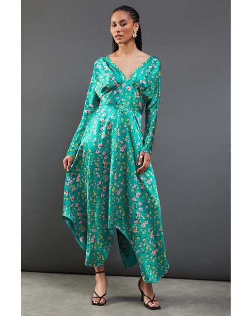 Warehouse Green Floral Satin Batwing Waisted Hanky Hem Midi Dress