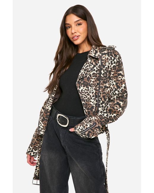 Boohoo Black Print Denim Biker Jacket Cotton