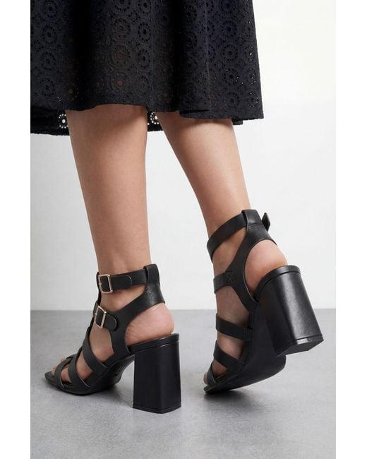 Faith Black Nikkie Faux Leather Block Heel Gladiator Sandals
