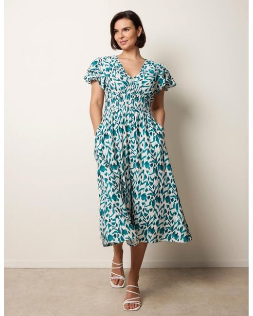 Blue Vanilla Blue Printed V Neck Frill Sleeve Midi Dress