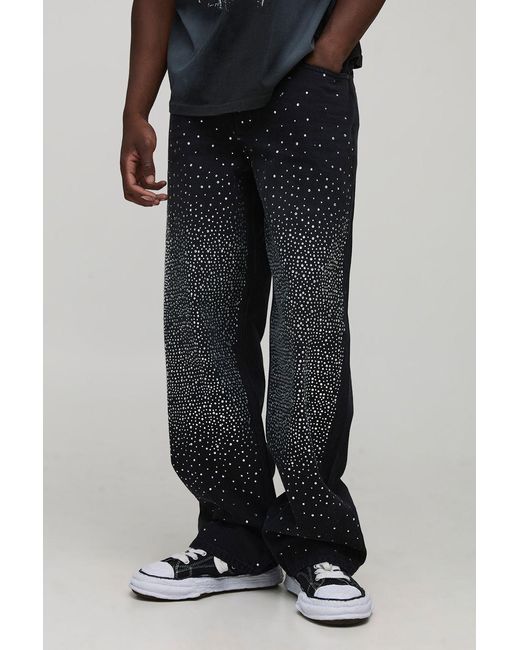 BoohooMAN Black Tall Overdye Relaxed Fit All Over Rhinestone Jeans for men